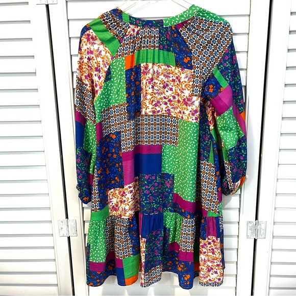 Fate Womens All In Good Time Green Patchwork Mini Dress Sz Small Floral Popover - Picture 11 of 14